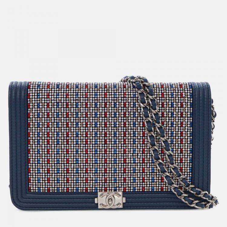 Pre Owned Chanel Blue Crystal Embellished Lambskin Boy Wallet On Chain