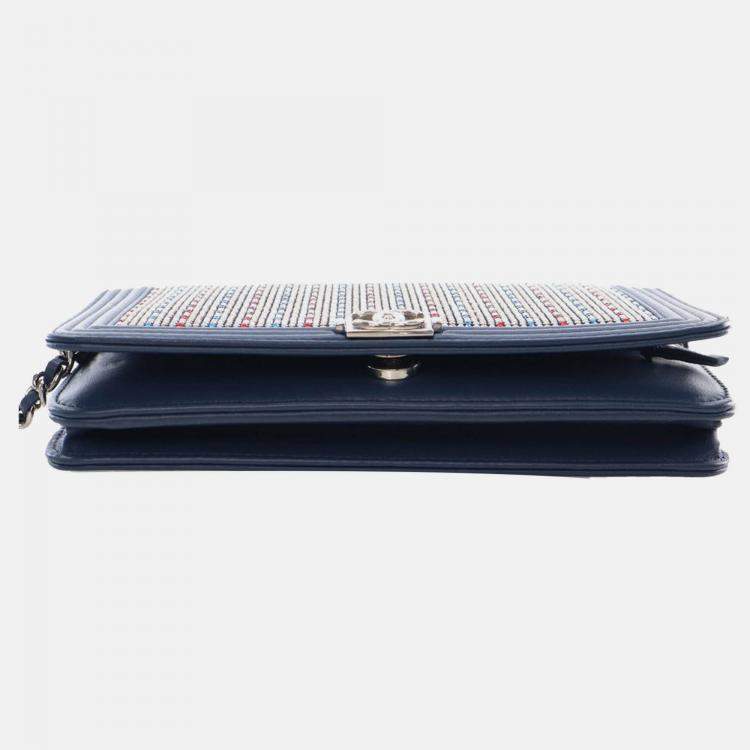 Pre Owned Chanel Blue Crystal Embellished Lambskin Boy Wallet On Chain