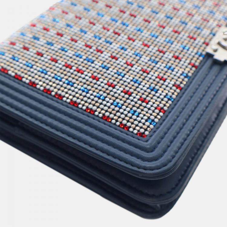 Pre Owned Chanel Blue Crystal Embellished Lambskin Boy Wallet On Chain