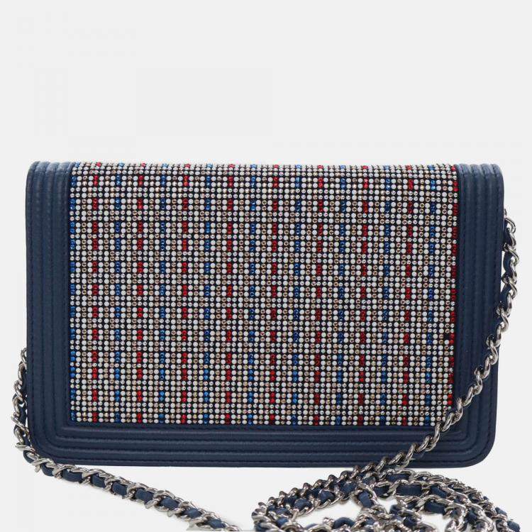 Pre Owned Chanel Blue Crystal Embellished Lambskin Boy Wallet On Chain