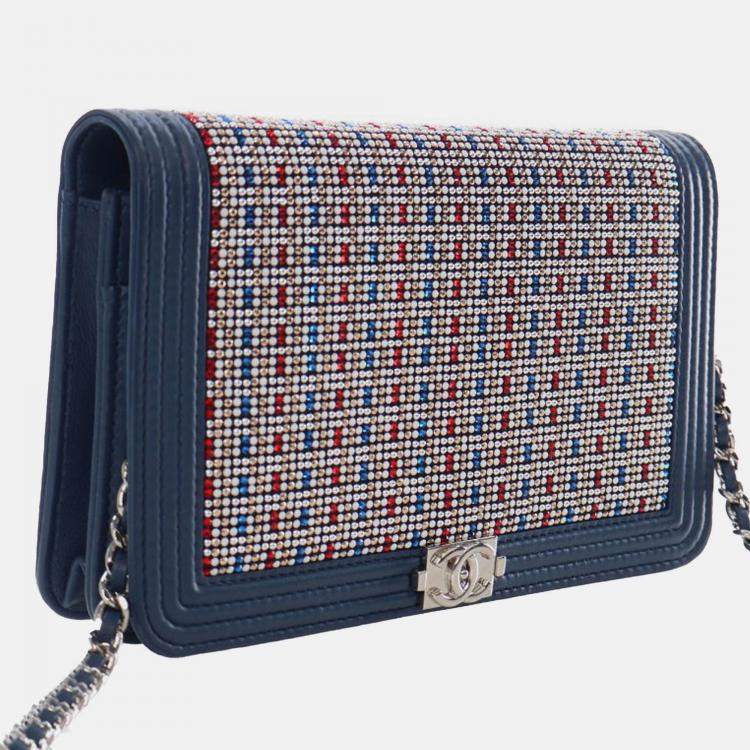 Pre Owned Chanel Blue Crystal Embellished Lambskin Boy Wallet On Chain