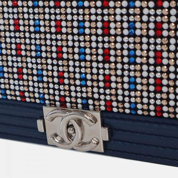 Pre Owned Chanel Blue Crystal Embellished Lambskin Boy Wallet On Chain