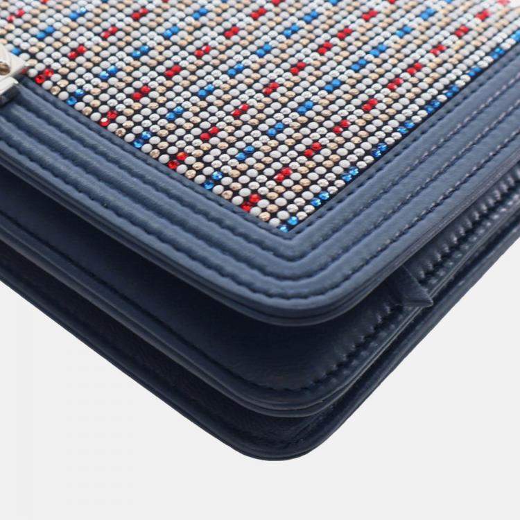 Pre Owned Chanel Blue Crystal Embellished Lambskin Boy Wallet On Chain