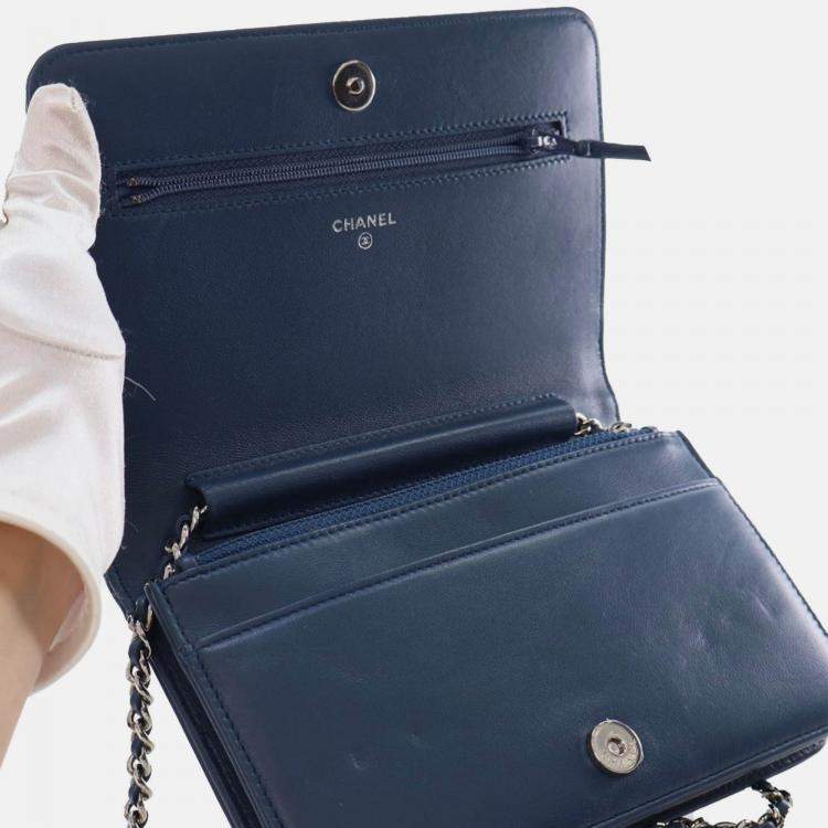 Pre Owned Chanel Blue Crystal Embellished Lambskin Boy Wallet On Chain