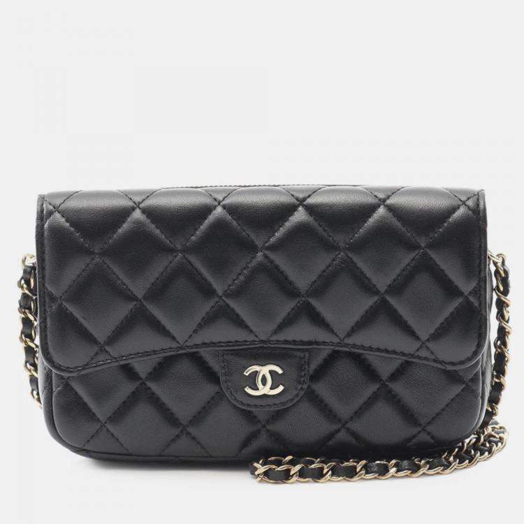 Pre Owned Chanel Black CC Quilted Lambskin Flap Phone Holder Wallet on Chain