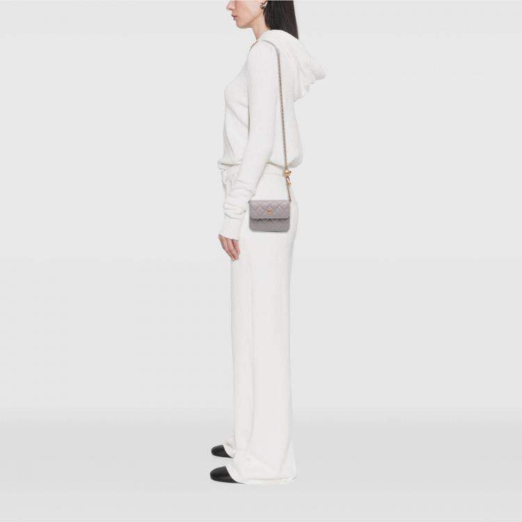 Pre Owned Chanel Grey Mini Lambskin Pearl Crush Clutch On Chain