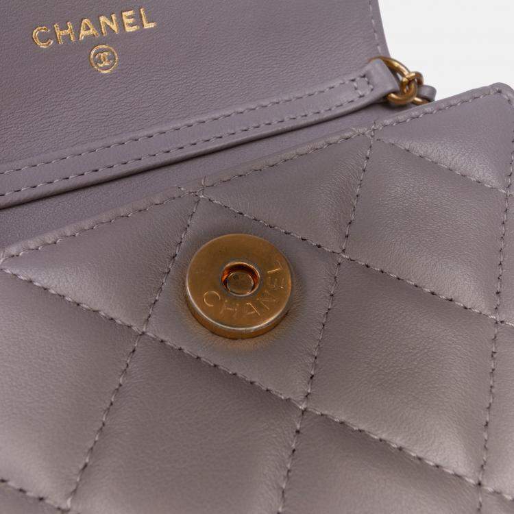 Pre Owned Chanel Grey Mini Lambskin Pearl Crush Clutch On Chain