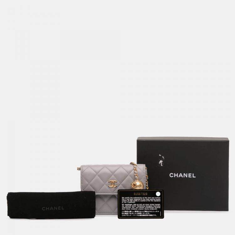 Pre Owned Chanel Grey Mini Lambskin Pearl Crush Clutch On Chain