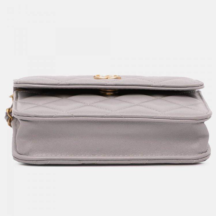 Pre Owned Chanel Grey Mini Lambskin Pearl Crush Clutch On Chain