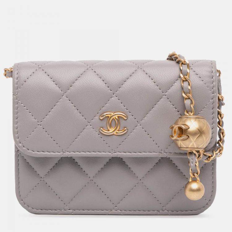 Pre Owned Chanel Grey Mini Lambskin Pearl Crush Clutch On Chain