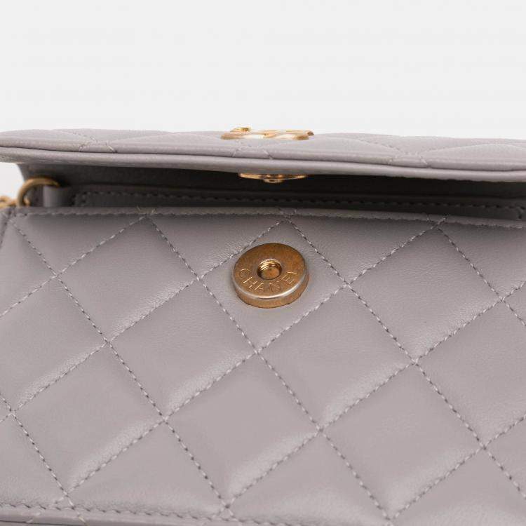 Pre Owned Chanel Grey Mini Lambskin Pearl Crush Clutch On Chain