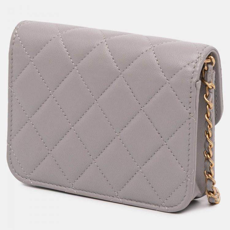 Pre Owned Chanel Grey Mini Lambskin Pearl Crush Clutch On Chain