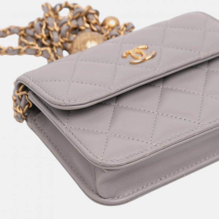 Pre Owned Chanel Grey Mini Lambskin Pearl Crush Clutch On Chain