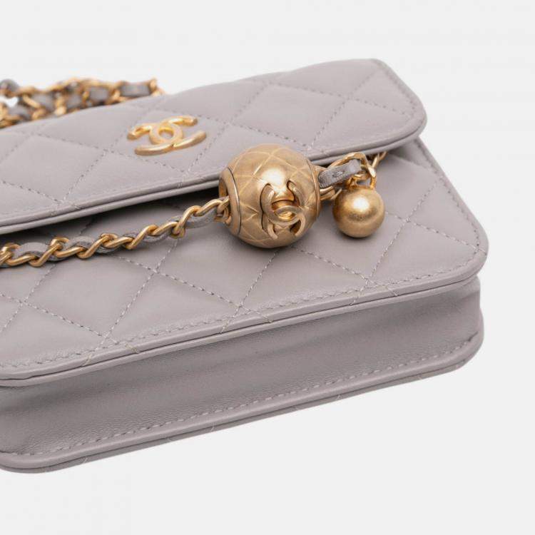 Pre Owned Chanel Grey Mini Lambskin Pearl Crush Clutch On Chain