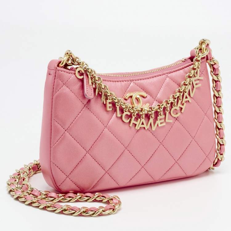 Pre Owned Chanel Metallic Pink Quilted Leather Charms Hobo