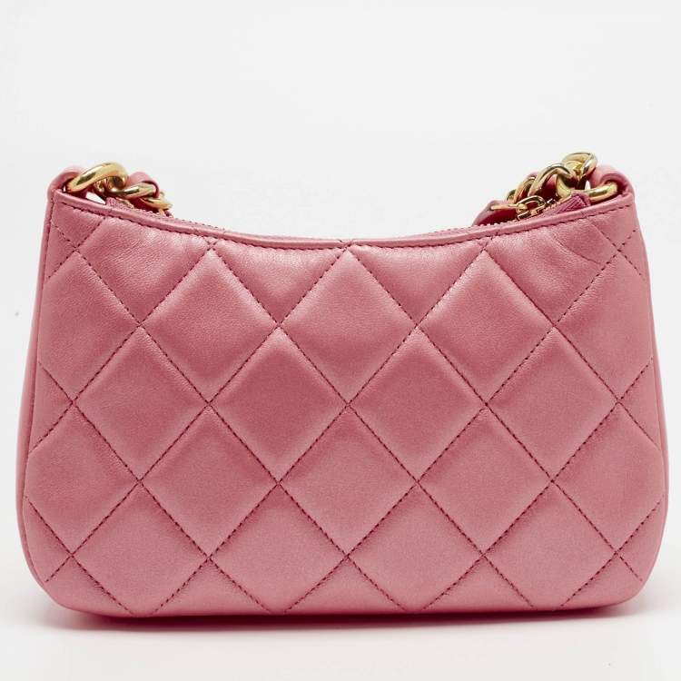 Pre Owned Chanel Metallic Pink Quilted Leather Charms Hobo