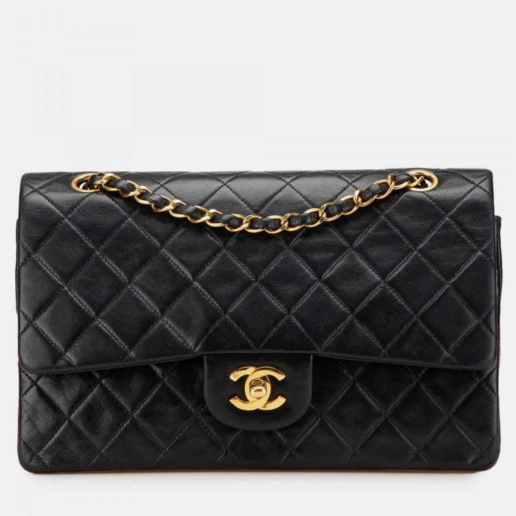 Pre Owned Chanel Black Medium Classic Lambskin Double Flap