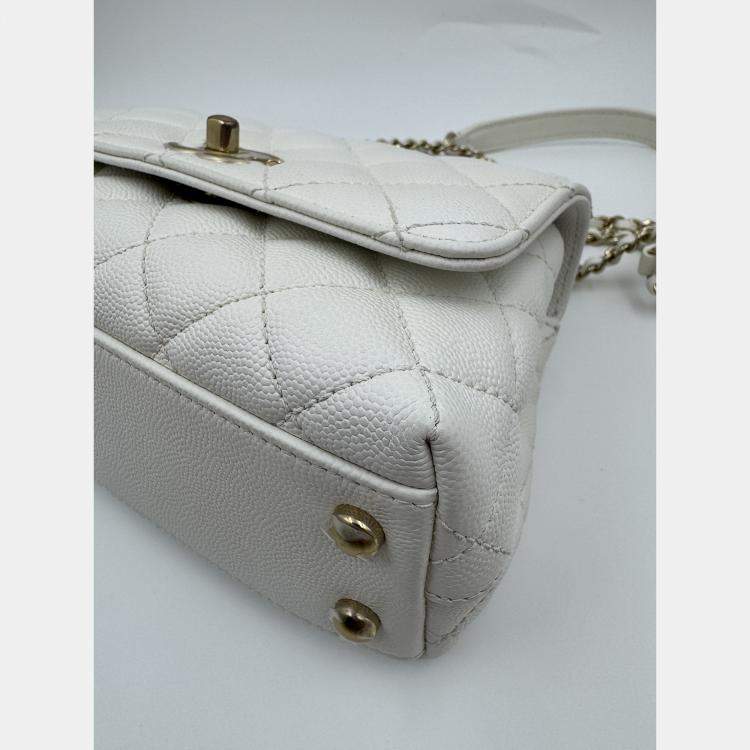 Pre Owned Chanel White Quilted Caviar Leather Mini Coco Top Handle Bag