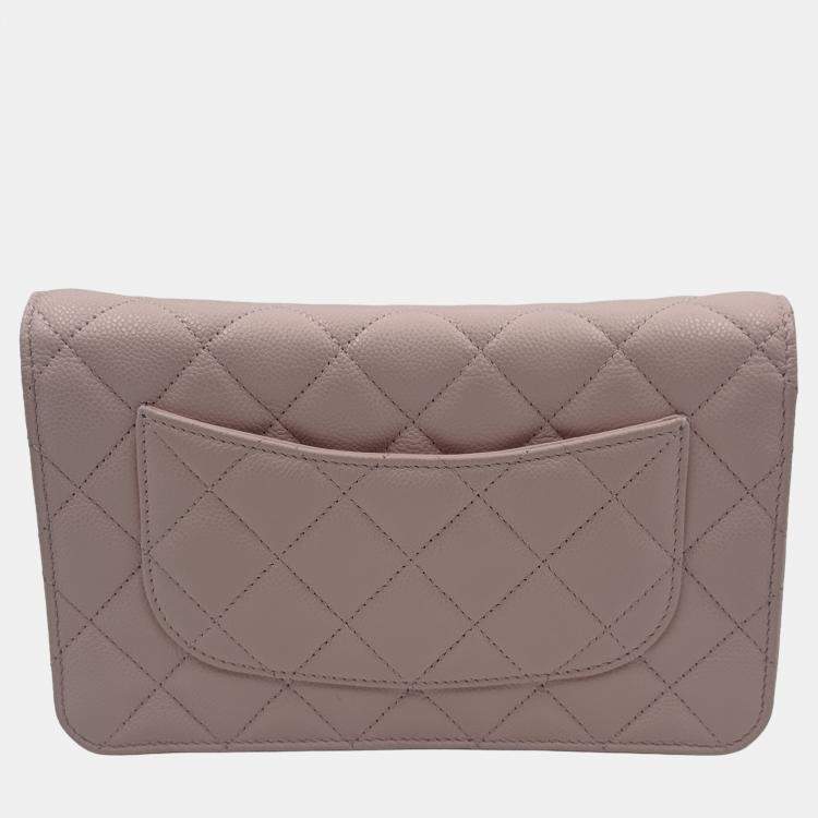 Pre Owned Chanel Light Pink Quilted Caviar Leather CC Wallet on Chain