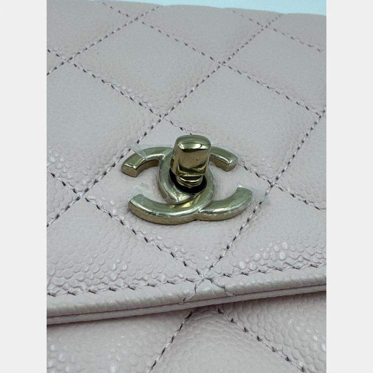 Pre Owned Chanel Light Pink Quilted Caviar Leather CC Wallet on Chain