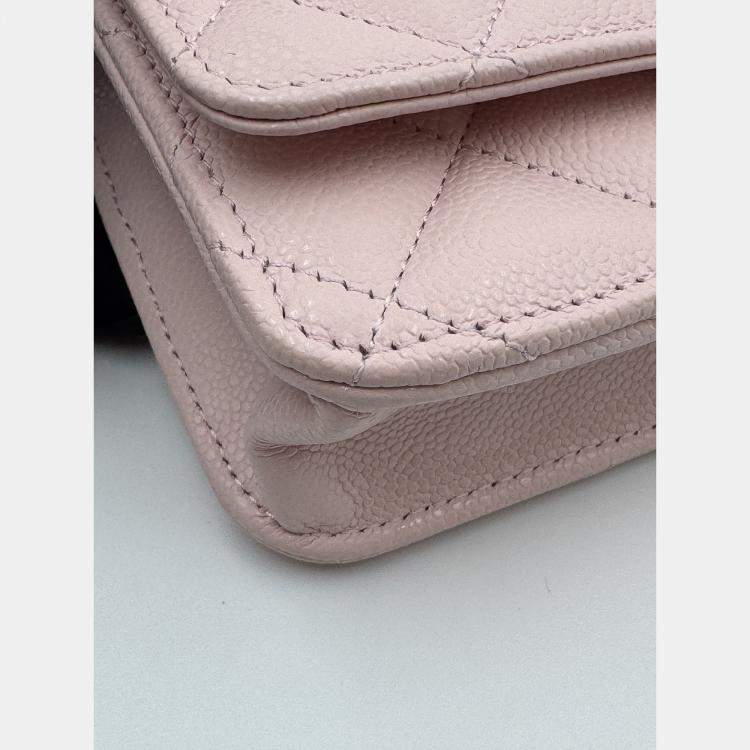 Pre Owned Chanel Light Pink Quilted Caviar Leather CC Wallet on Chain