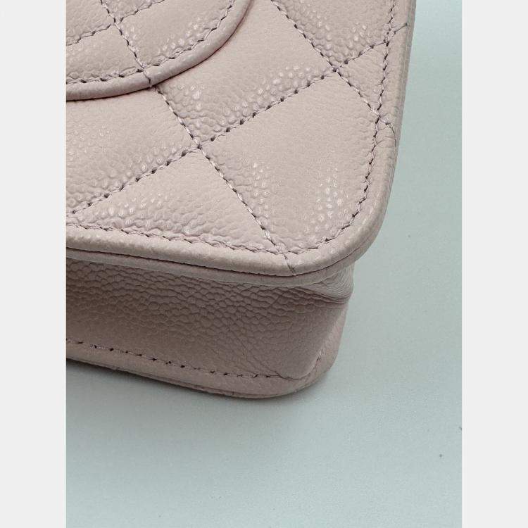 Pre Owned Chanel Light Pink Quilted Caviar Leather CC Wallet on Chain