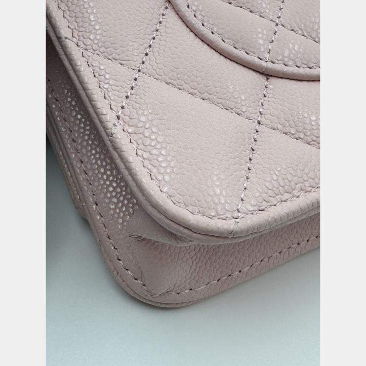 Pre Owned Chanel Light Pink Quilted Caviar Leather CC Wallet on Chain