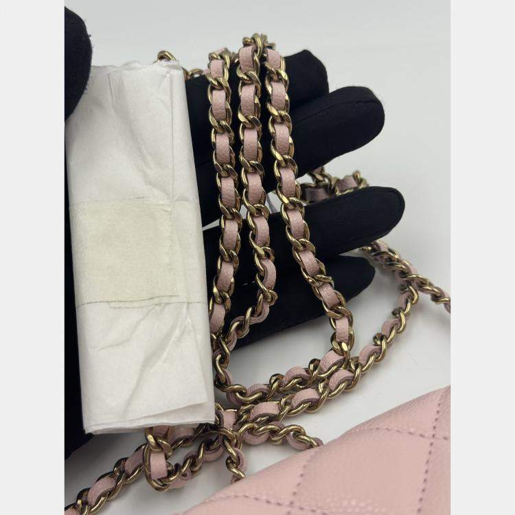 Pre Owned Chanel Light Pink Quilted Caviar Leather CC Wallet on Chain