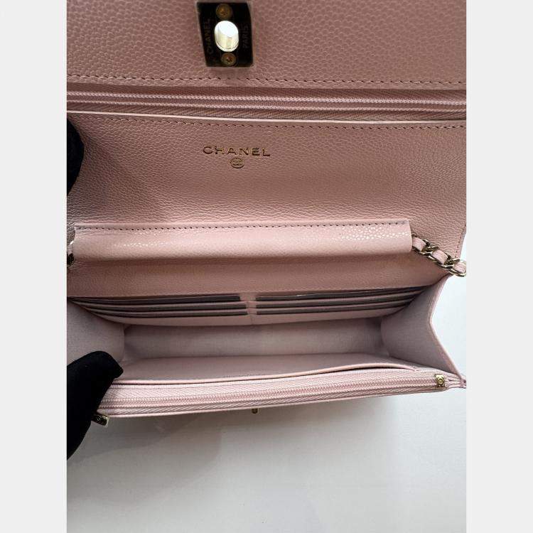 Pre Owned Chanel Light Pink Quilted Caviar Leather CC Wallet on Chain