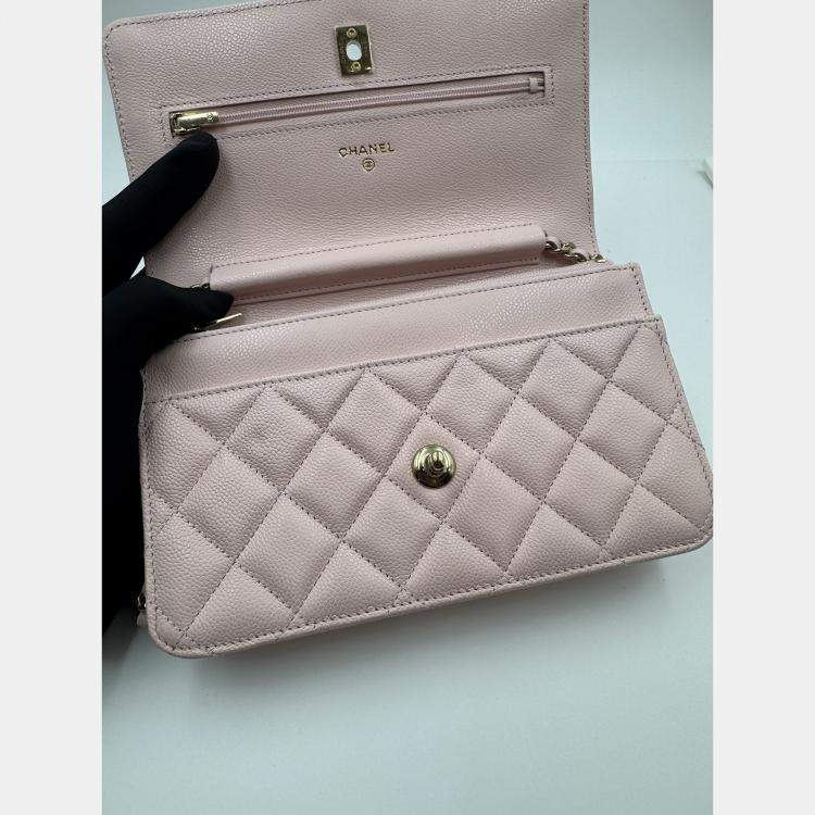 Pre Owned Chanel Light Pink Quilted Caviar Leather CC Wallet on Chain