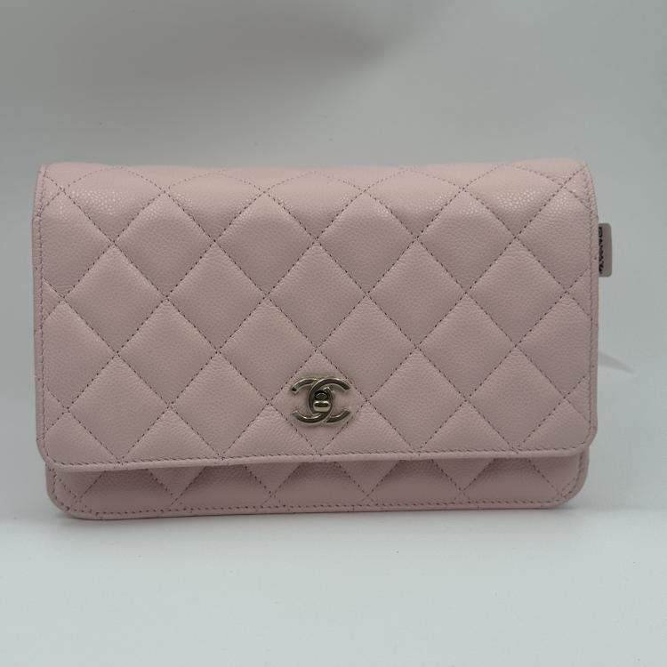 Pre Owned Chanel Light Pink Quilted Caviar Leather CC Wallet on Chain