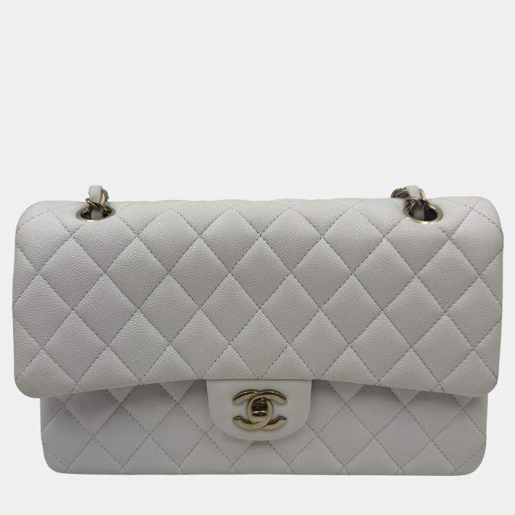 Pre Owned Chanel White Caviar Leather Classic Medium Double Flap Shoulder Bag