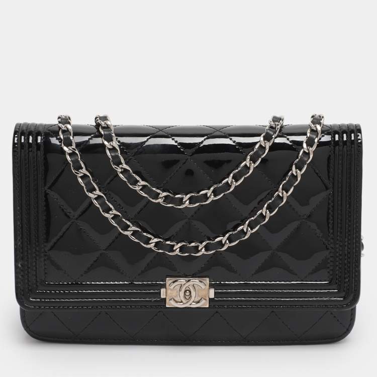 Pre Owned Chanel Black Patent Leather Boy Wallet On Chain