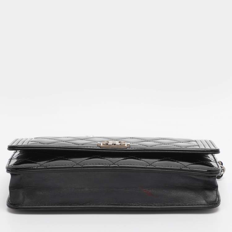 Pre Owned Chanel Black Patent Leather Boy Wallet On Chain