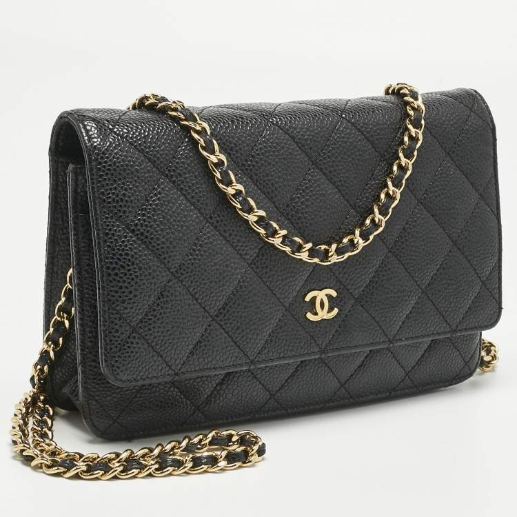 Pre Owned Chanel Black Quilted Caviar Leather Classic Wallet on Chain