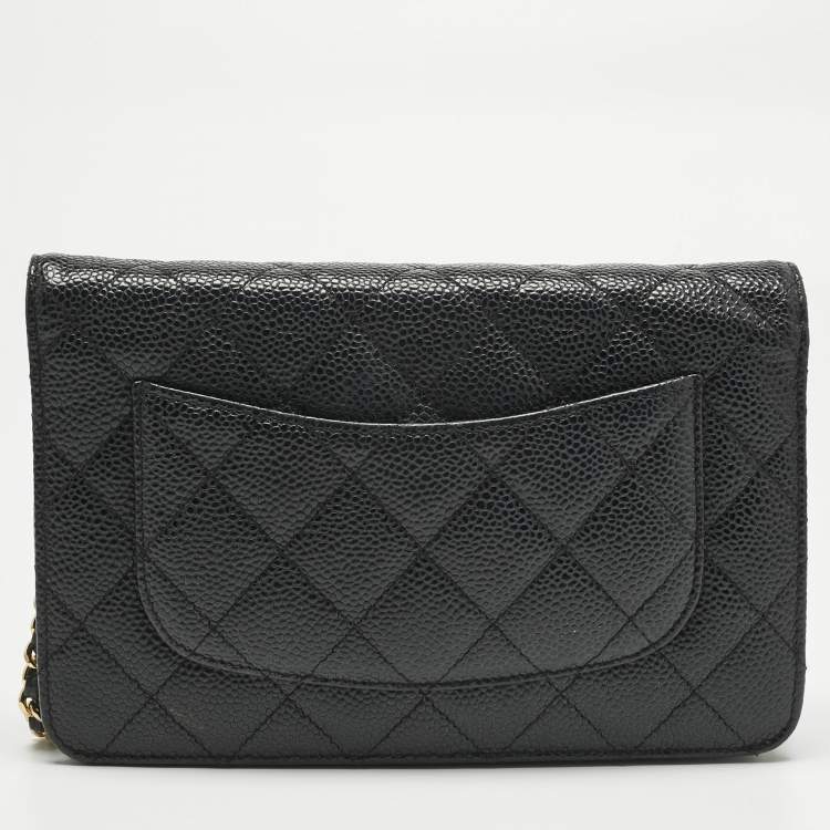 Pre Owned Chanel Black Quilted Caviar Leather Classic Wallet on Chain