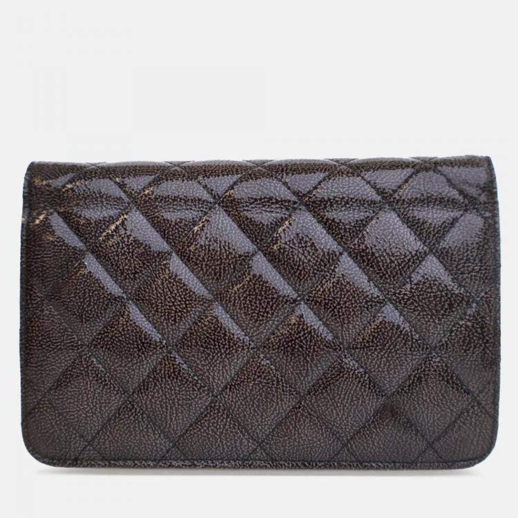 Pre Owned Chanel Brown CC Quilted Shiny Crumpled Calfskin Wallet on Chain