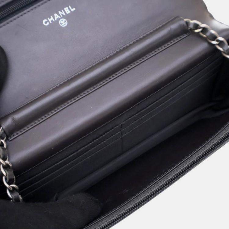 Pre Owned Chanel Brown CC Quilted Shiny Crumpled Calfskin Wallet on Chain