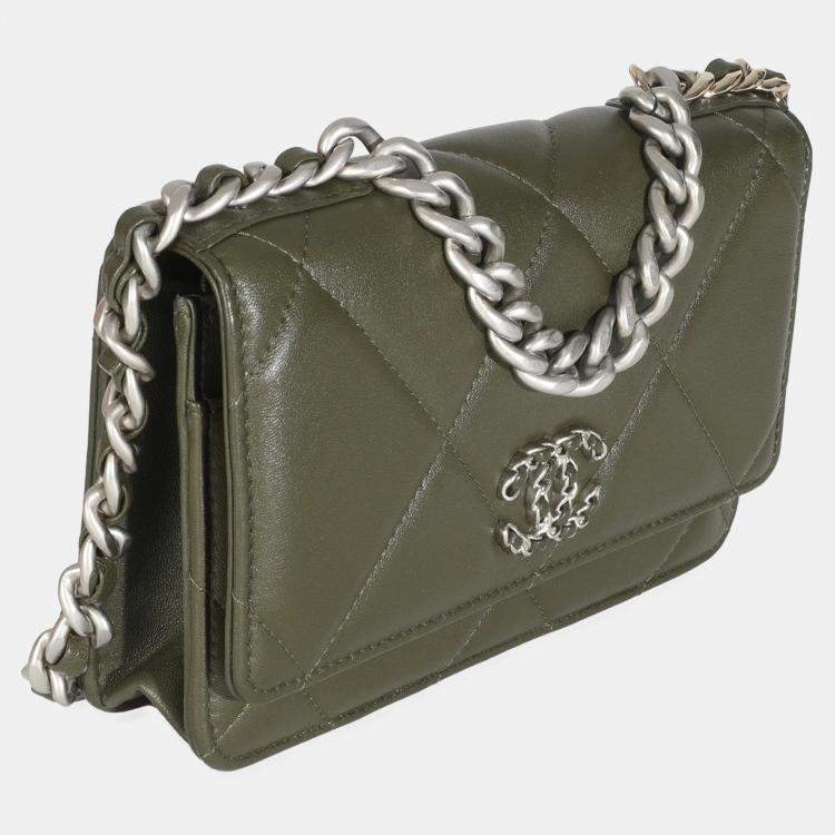 Pre Owned Chanel Khaki Quilted Goatskin Chanel 19 Wallet On Chain