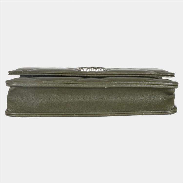 Pre Owned Chanel Khaki Quilted Goatskin Chanel 19 Wallet On Chain