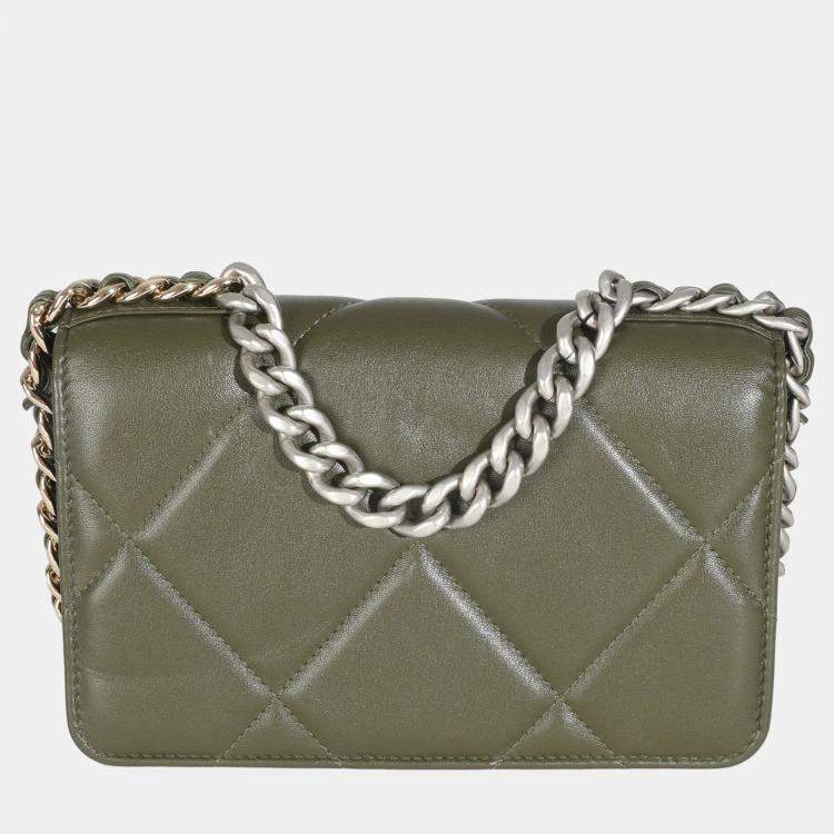 Pre Owned Chanel Khaki Quilted Goatskin Chanel 19 Wallet On Chain
