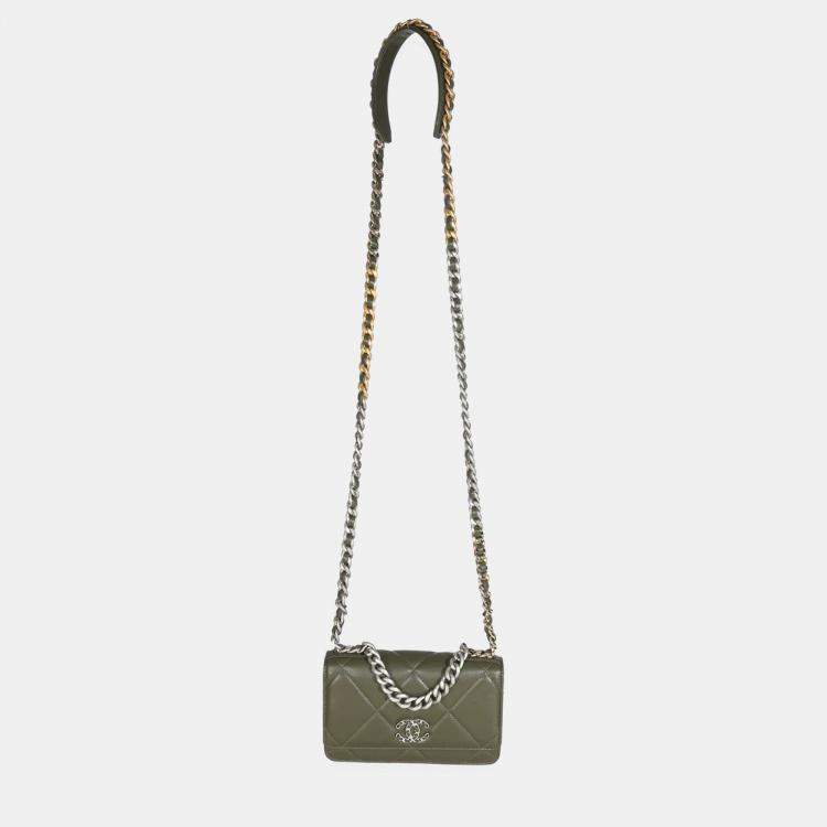 Pre Owned Chanel Khaki Quilted Goatskin Chanel 19 Wallet On Chain