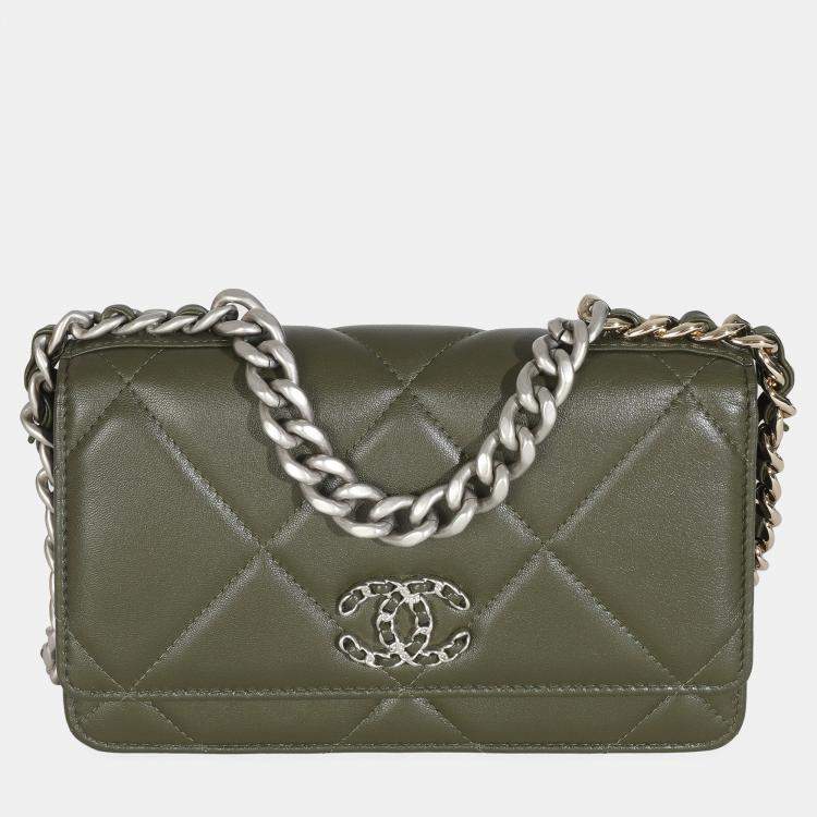 Pre Owned Chanel Khaki Quilted Goatskin Chanel 19 Wallet On Chain