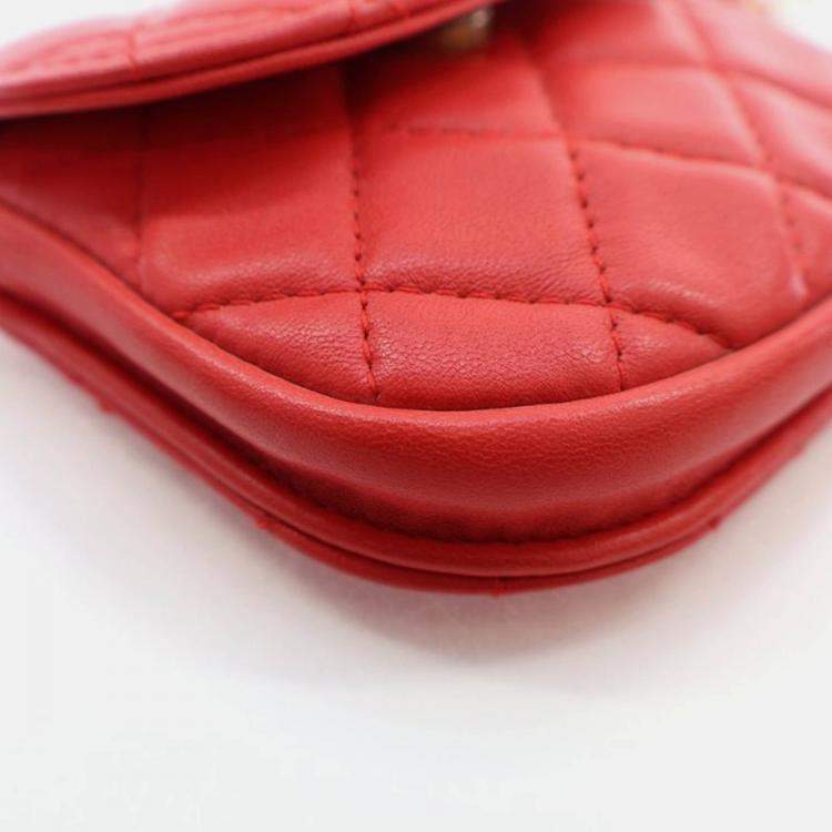 Pre Owned Chanel Mini Red Lambskin Pearl Crush Waist Bag