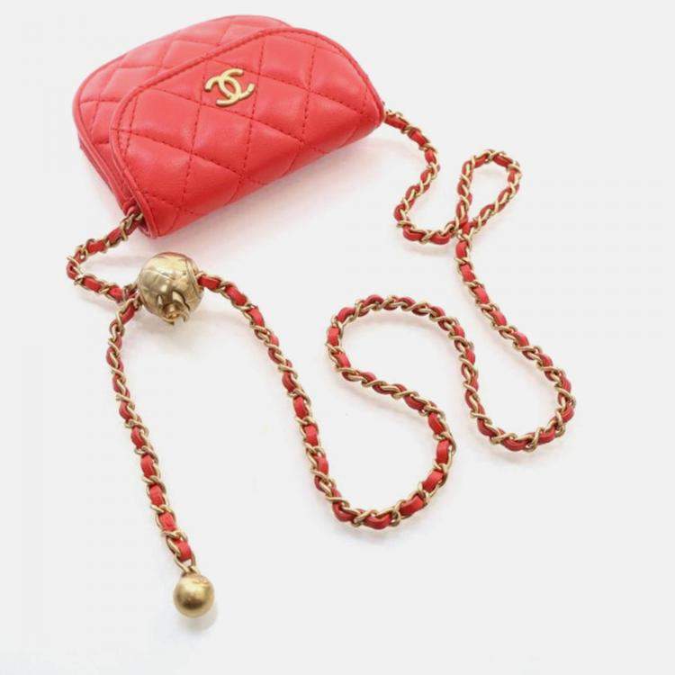 Pre Owned Chanel Mini Red Lambskin Pearl Crush Waist Bag