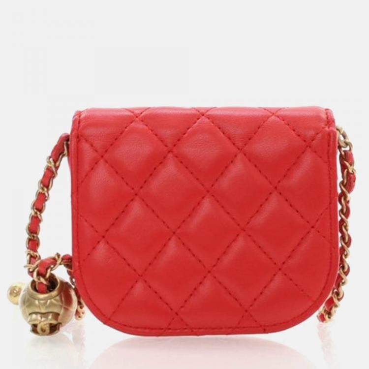 Pre Owned Chanel Mini Red Lambskin Pearl Crush Waist Bag