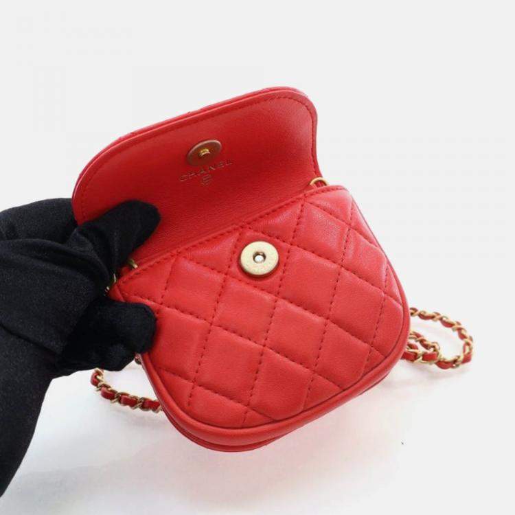 Pre Owned Chanel Mini Red Lambskin Pearl Crush Waist Bag