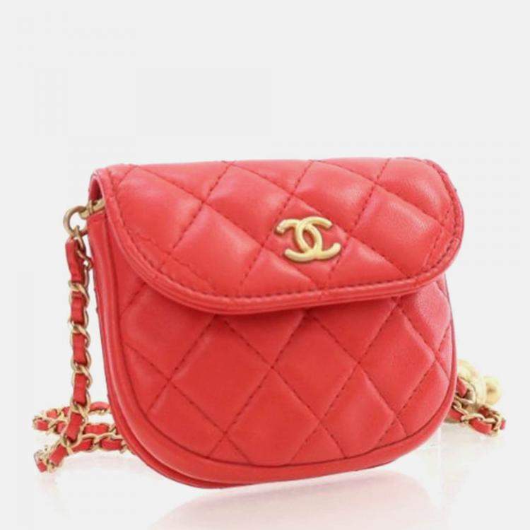Pre Owned Chanel Mini Red Lambskin Pearl Crush Waist Bag