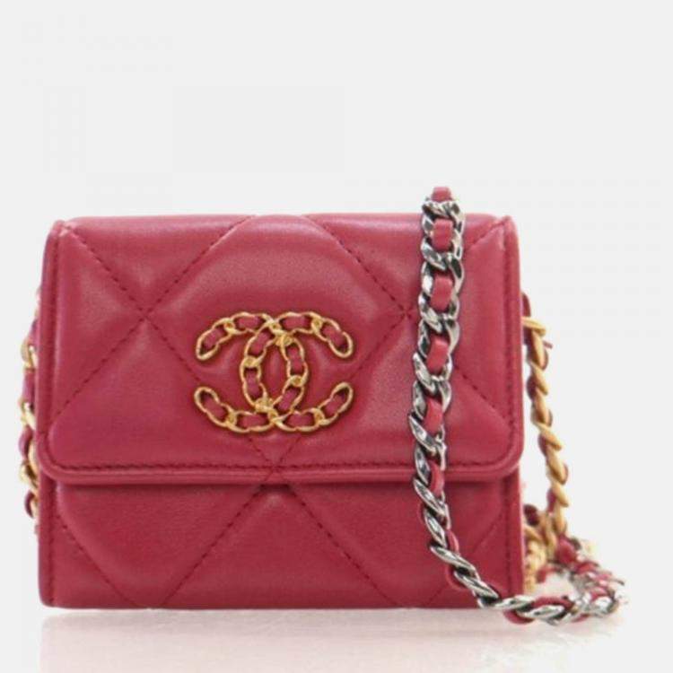 Pre Owned Chanel Red Lambskin 19 Cardholder on Chain