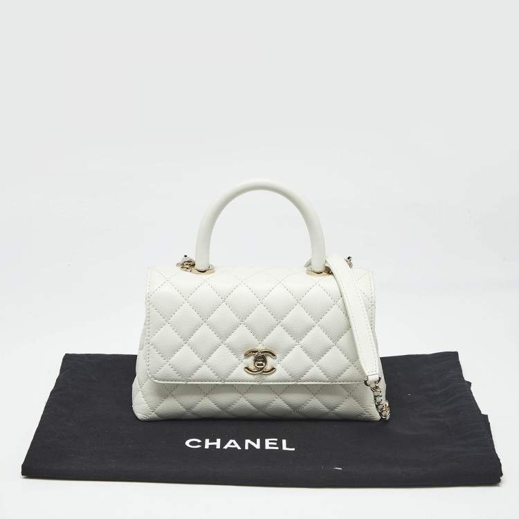 Pre Owned Chanel White Quilted Caviar Leather Mini Coco Top Handle Bag